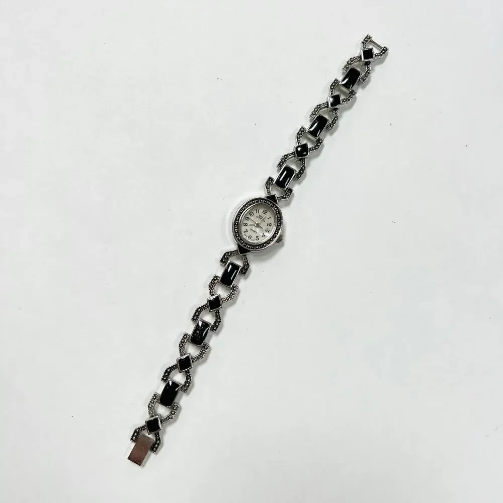Boca Classics silver tone and black enamel women's wristwatch